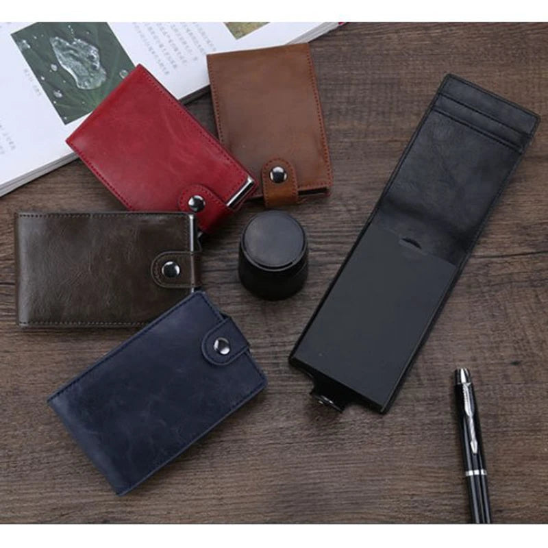 RFID Leather Card Holders Stack Up Pull Out Mini Cascading Wallet