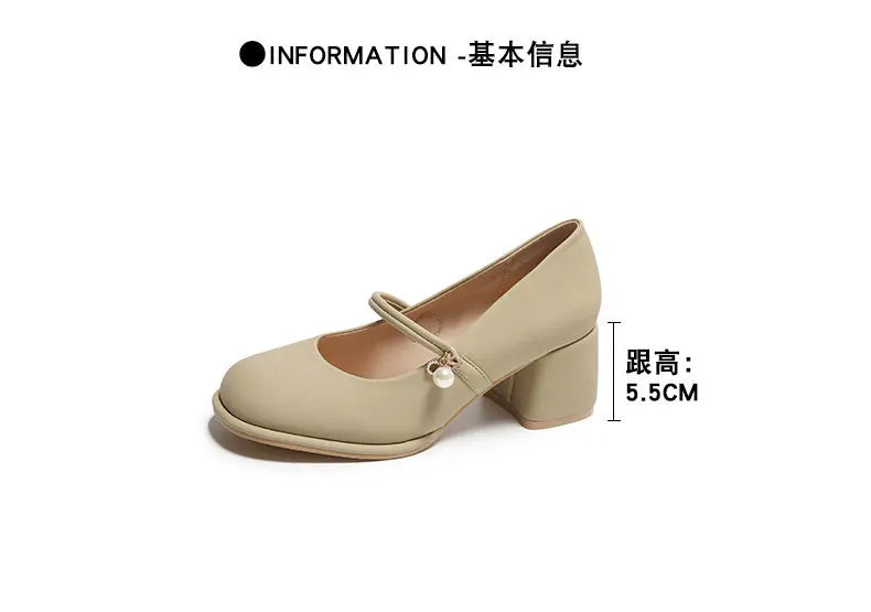 Thick Heels Mary Jane Shoes Women Buckle Strap Square Toe Pumps Ladies Med Heele Leather Shoes