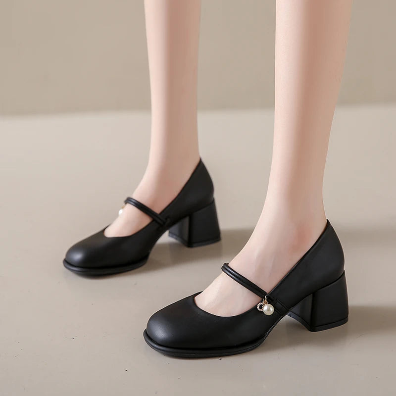 Thick Heels Mary Jane Shoes Women Buckle Strap Square Toe Pumps Ladies Med Heele Leather Shoes