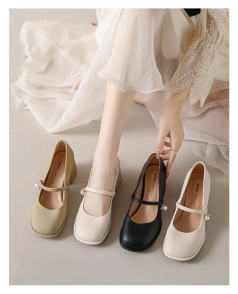 Thick Heels Mary Jane Shoes Women Buckle Strap Square Toe Pumps Ladies Med Heele Leather Shoes