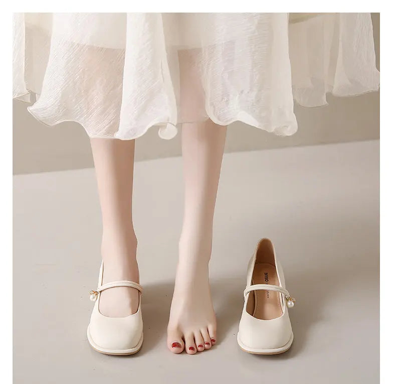 Thick Heels Mary Jane Shoes Women Buckle Strap Square Toe Pumps Ladies Med Heele Leather Shoes