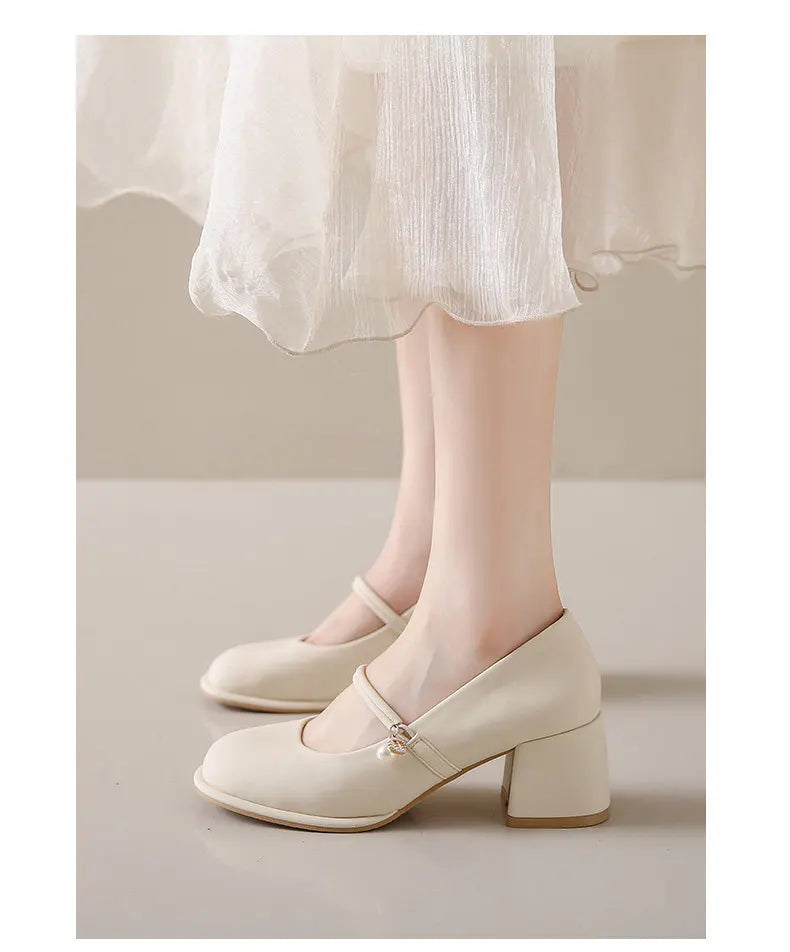 Thick Heels Mary Jane Shoes Women Buckle Strap Square Toe Pumps Ladies Med Heele Leather Shoes