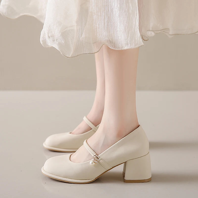 Thick Heels Mary Jane Shoes Women Buckle Strap Square Toe Pumps Ladies Med Heele Leather Shoes
