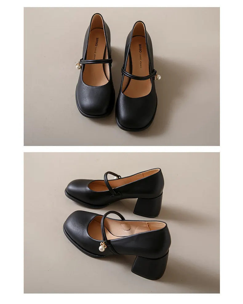 Thick Heels Mary Jane Shoes Women Buckle Strap Square Toe Pumps Ladies Med Heele Leather Shoes
