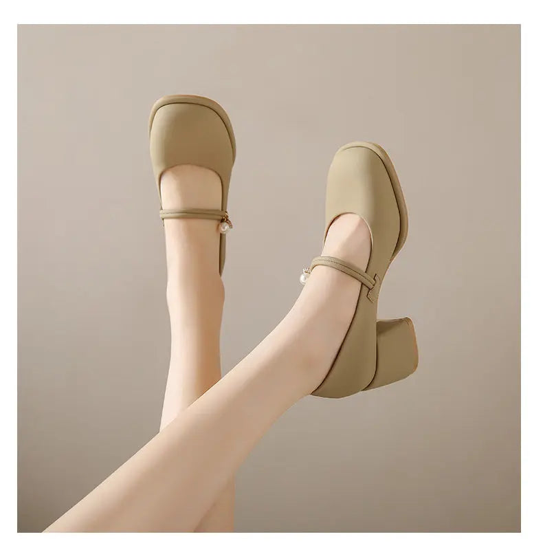 Thick Heels Mary Jane Shoes Women Buckle Strap Square Toe Pumps Ladies Med Heele Leather Shoes