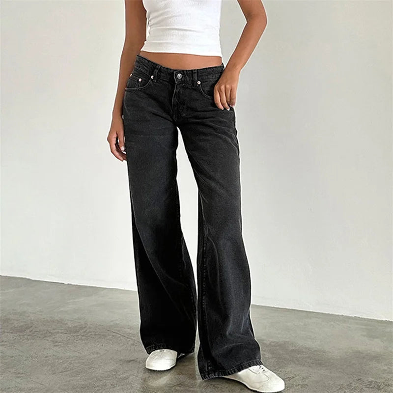 Lamuusaa Jeans y2k Clothes Women Solid Color Low Waist Waist Wide Leg Denim Pants Trousers with Multi Pockets 2000s Streetwear