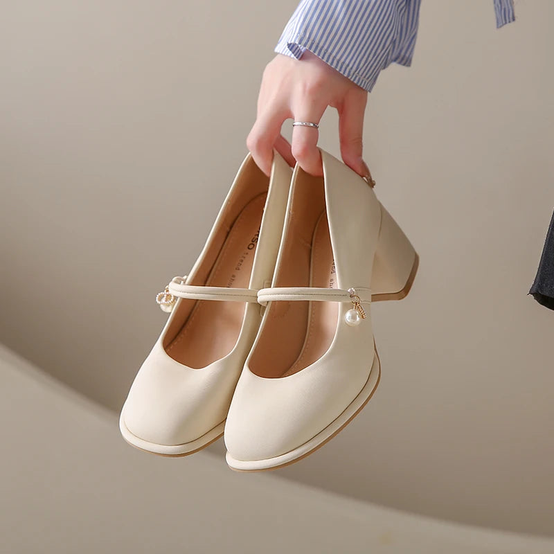 Thick Heels Mary Jane Shoes Women Buckle Strap Square Toe Pumps Ladies Med Heele Leather Shoes