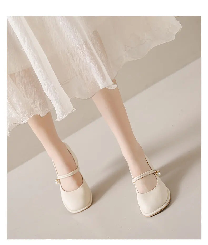 Thick Heels Mary Jane Shoes Women Buckle Strap Square Toe Pumps Ladies Med Heele Leather Shoes