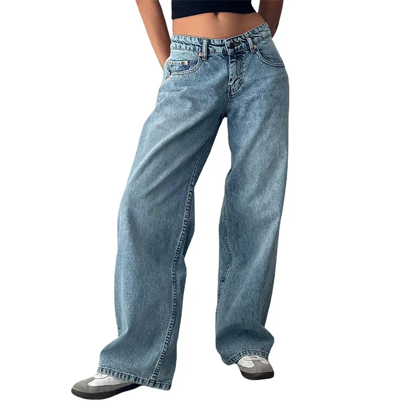 Lamuusaa Jeans y2k Clothes Women Solid Color Low Waist Waist Wide Leg Denim Pants Trousers with Multi Pockets 2000s Streetwear