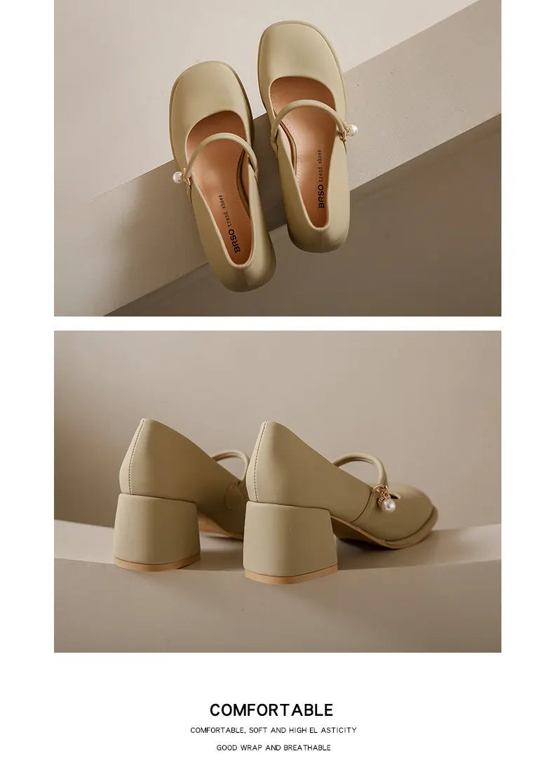 Thick Heels Mary Jane Shoes Women Buckle Strap Square Toe Pumps Ladies Med Heele Leather Shoes