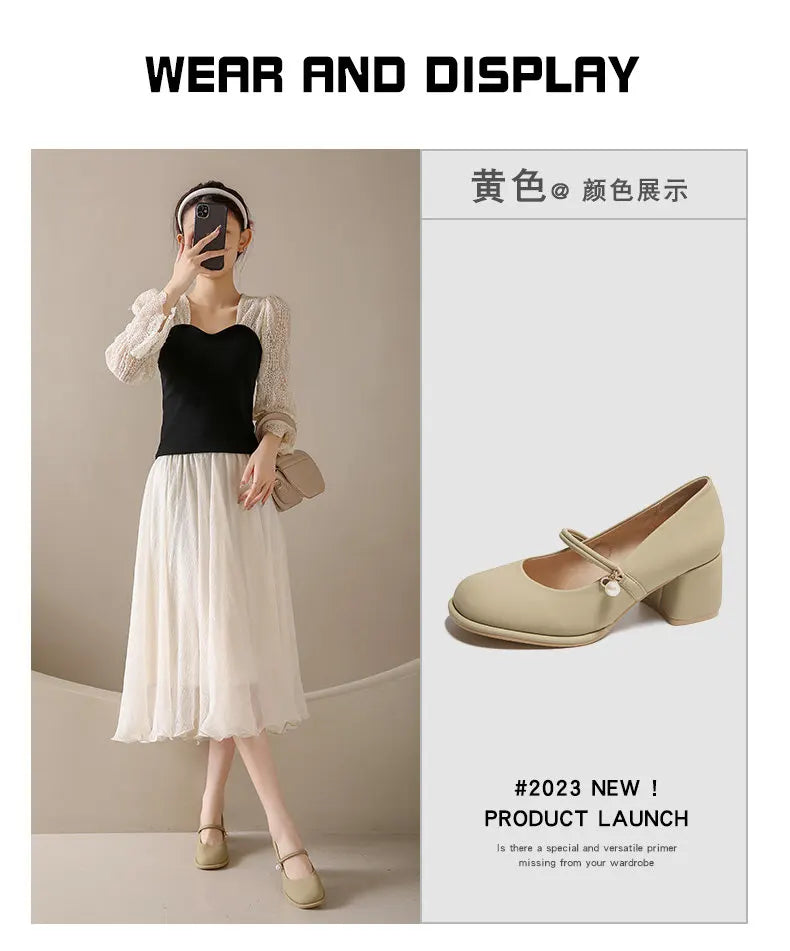 Thick Heels Mary Jane Shoes Women Buckle Strap Square Toe Pumps Ladies Med Heele Leather Shoes