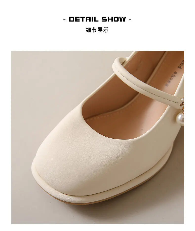 Thick Heels Mary Jane Shoes Women Buckle Strap Square Toe Pumps Ladies Med Heele Leather Shoes