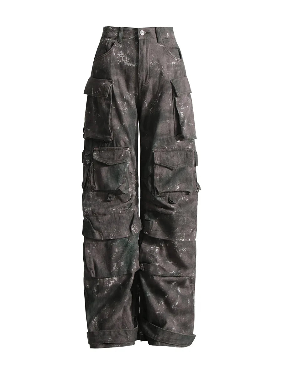 Trendy Women's Denim Workwear | Street Style Black & Grey Multi-Pocket Jeans | American Casual High-Waist Functional Design