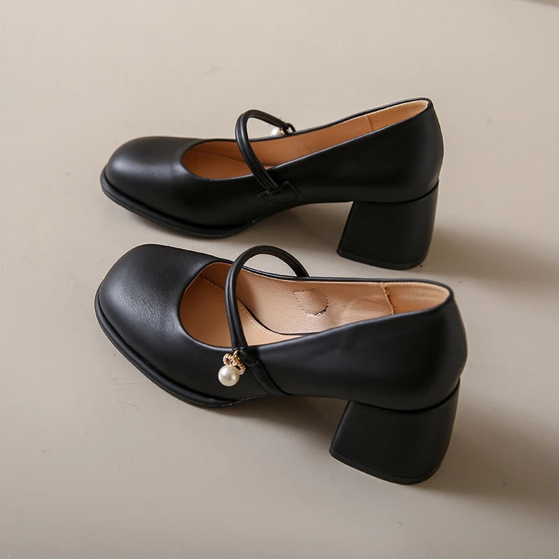 Thick Heels Mary Jane Shoes Women Buckle Strap Square Toe Pumps Ladies Med Heele Leather Shoes