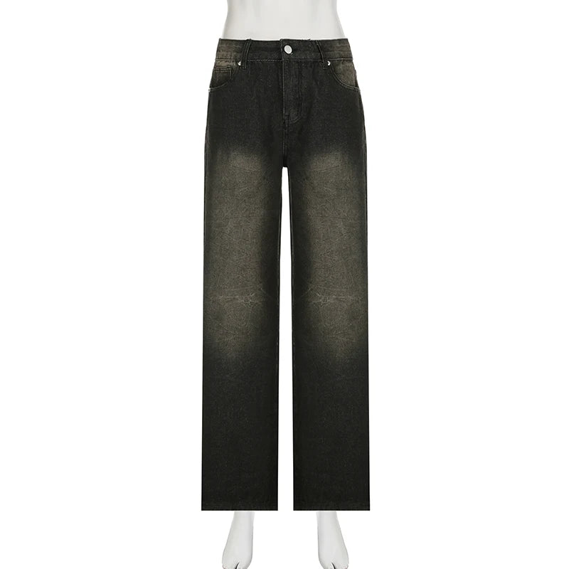 SUCHCUTE Low Waist Jeans for Women Goth Y2k Style Baggy Jeans Punk New Jeans Wide Leg Denim Pants Kpop Casual Loose Streetwear