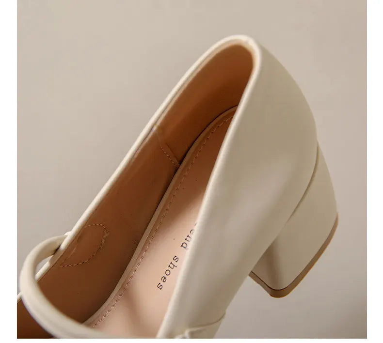 Thick Heels Mary Jane Shoes Women Buckle Strap Square Toe Pumps Ladies Med Heele Leather Shoes