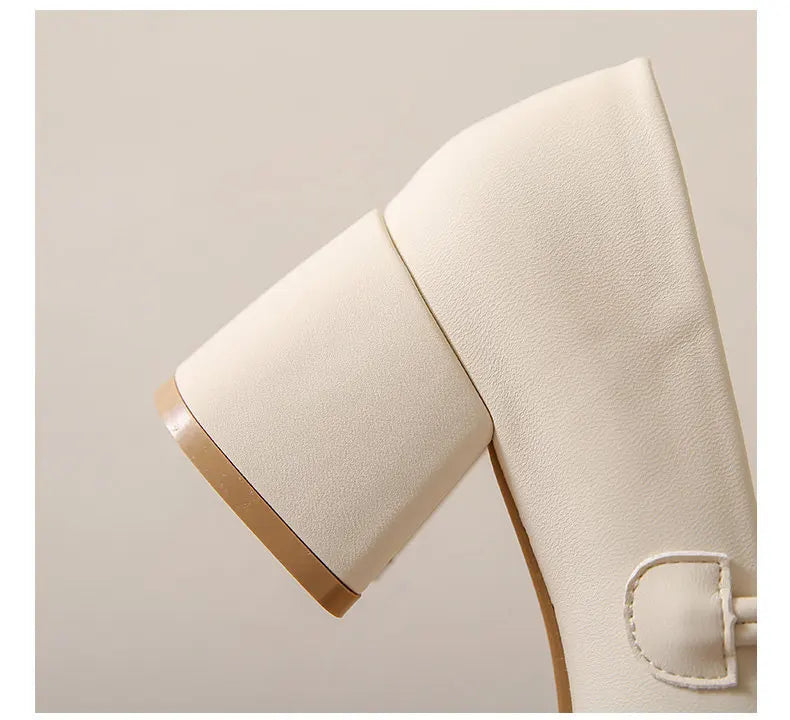 Thick Heels Mary Jane Shoes Women Buckle Strap Square Toe Pumps Ladies Med Heele Leather Shoes