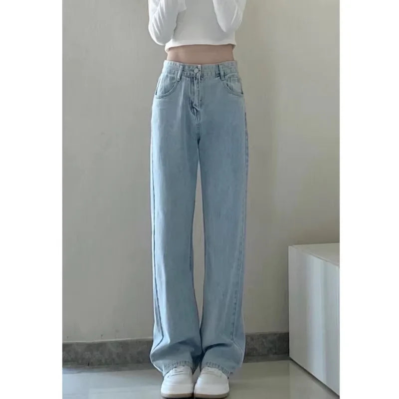 Autumn Spring Jeans Women Denim Pants Vintage Straight Trousers Fashion Female White Black Solid Loose Casual Wide Leg Pants