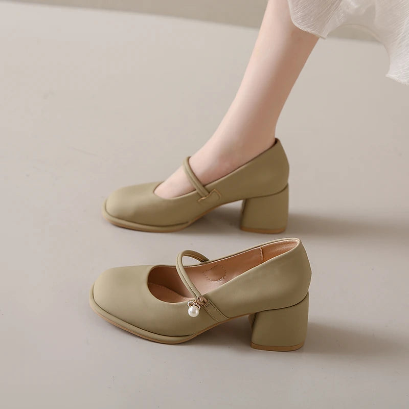 Thick Heels Mary Jane Shoes Women Buckle Strap Square Toe Pumps Ladies Med Heele Leather Shoes