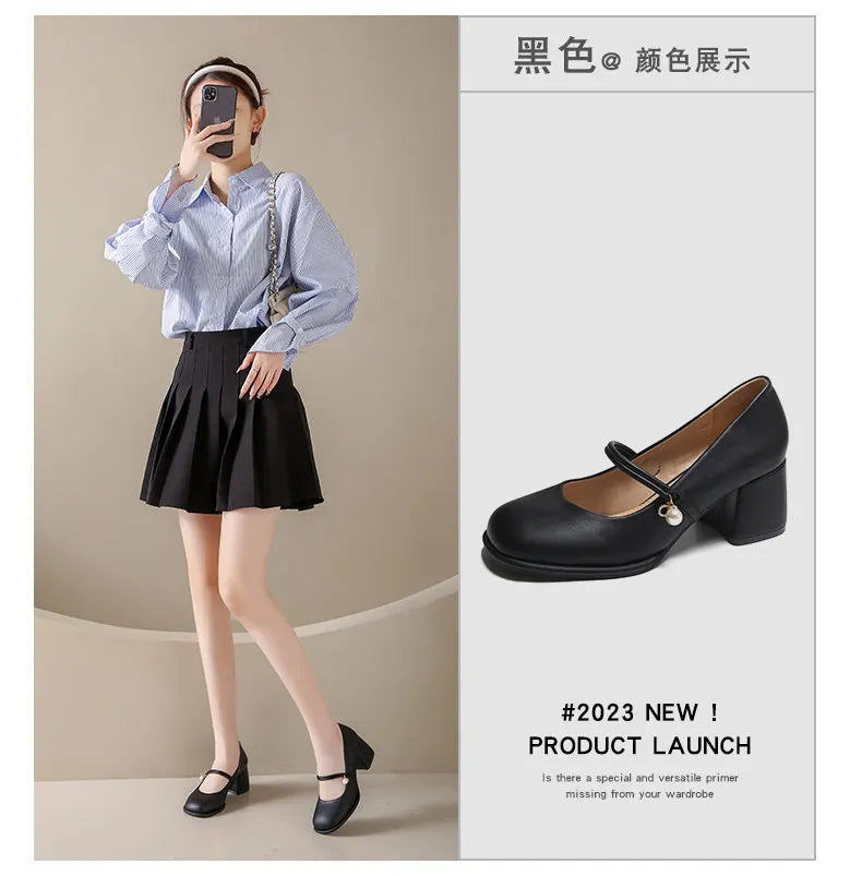 Thick Heels Mary Jane Shoes Women Buckle Strap Square Toe Pumps Ladies Med Heele Leather Shoes