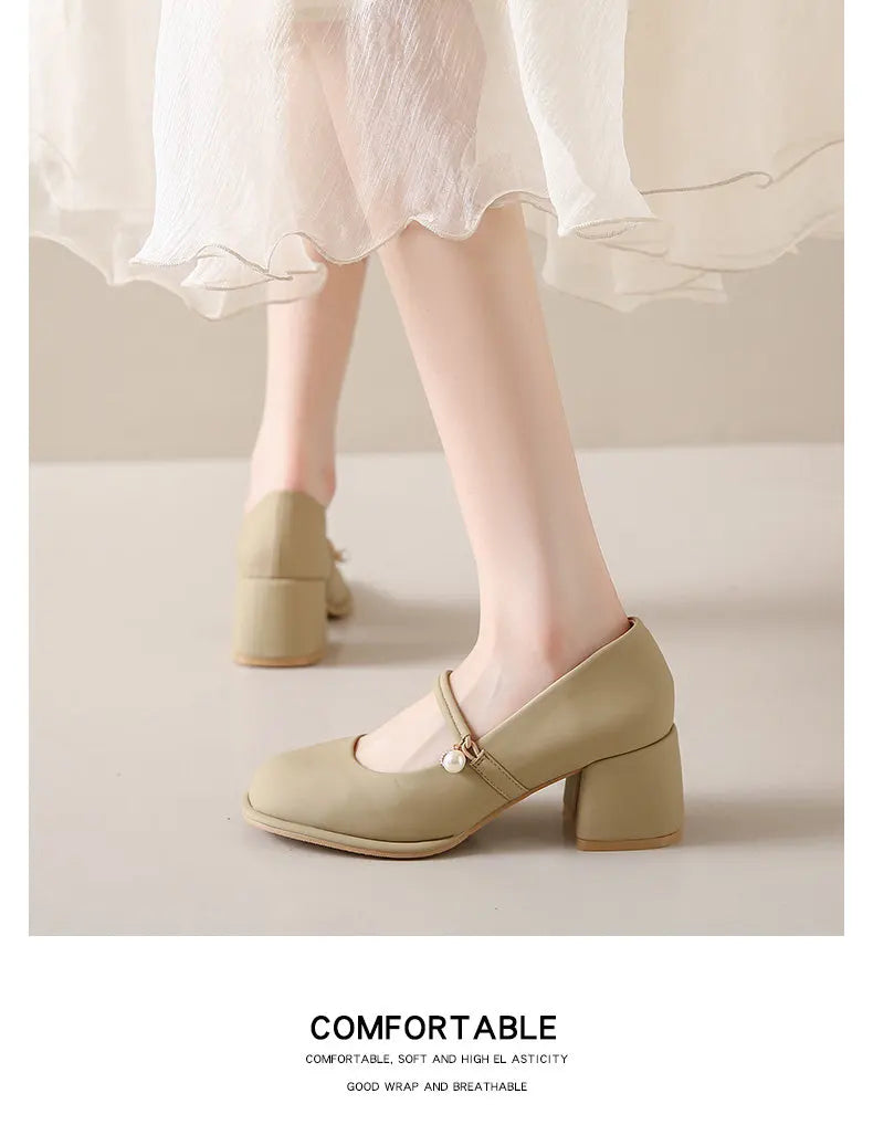 Thick Heels Mary Jane Shoes Women Buckle Strap Square Toe Pumps Ladies Med Heele Leather Shoes