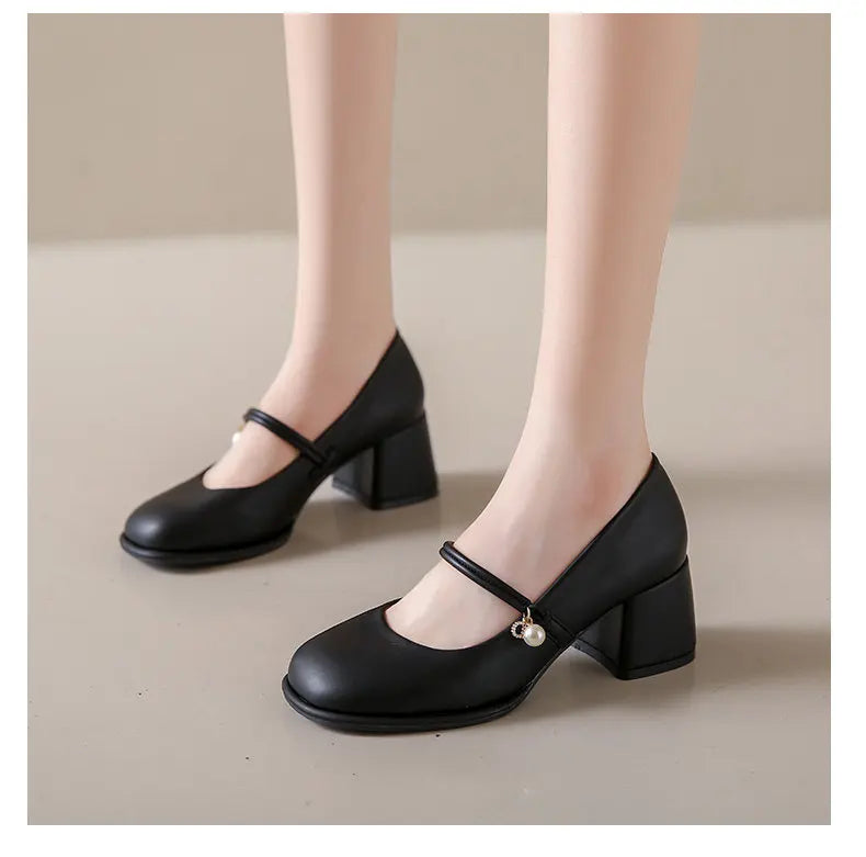 Thick Heels Mary Jane Shoes Women Buckle Strap Square Toe Pumps Ladies Med Heele Leather Shoes
