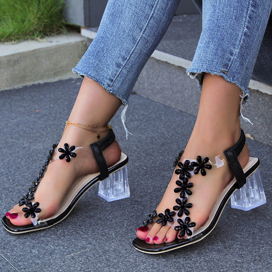Fashion Flowers Sandals With Transparent High Square Heels Summer Square Toe Shoes For Women