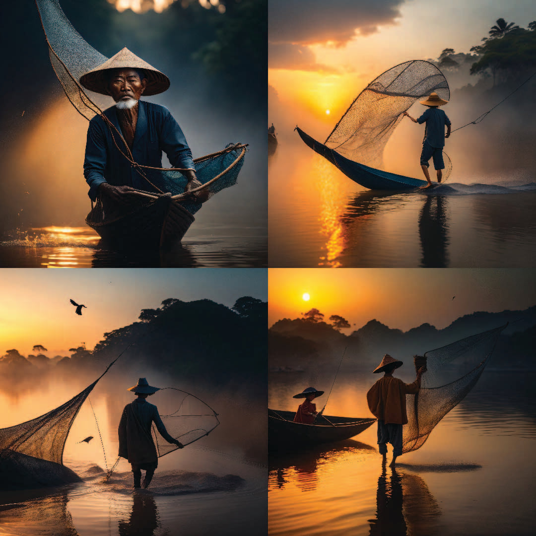 23 Pieces "Vietnamese Fisherman" Nature Art Work Special Graphic Art Design