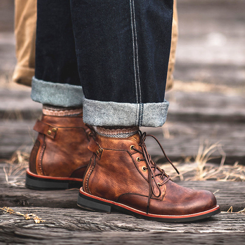 Vintage Retro Classy Leather Lace Up Ankle Low Heel Boots