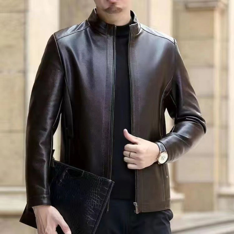 Leather Jacket Fleece Lined with Stand Collar