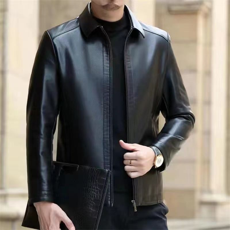 Leather Jacket Fleece Lined with Stand Collar