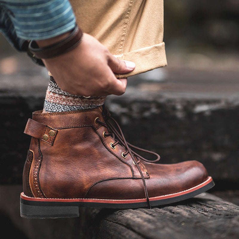 Vintage Retro Classy Leather Lace Up Ankle Low Heel Boots