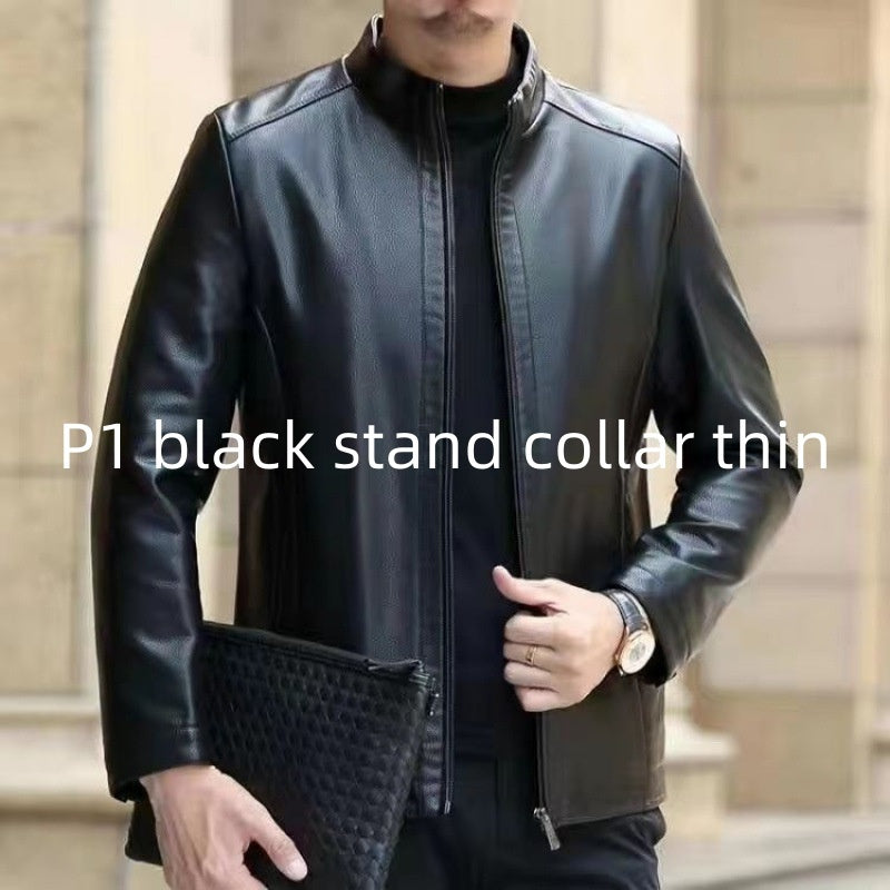 Leather Jacket Fleece Lined with Stand Collar