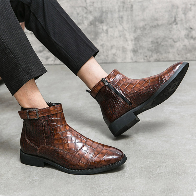Leather Crocodile Pattern Fashion Pointed Toe Zipper Ankle Boots