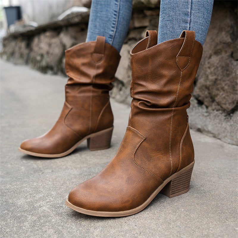 Vintage Leather Western Cowboy Boots with Square Heels