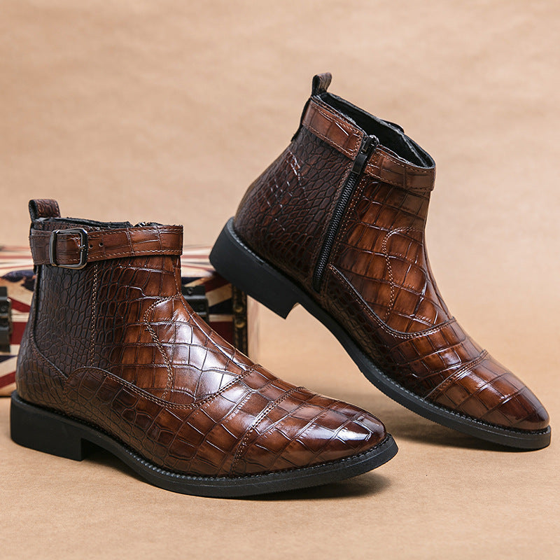 Leather Crocodile Pattern Fashion Pointed Toe Zipper Ankle Boots