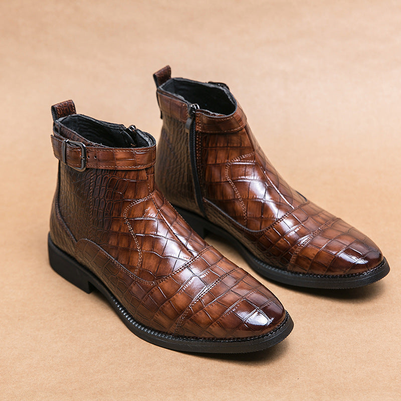 Leather Crocodile Pattern Fashion Pointed Toe Zipper Ankle Boots
