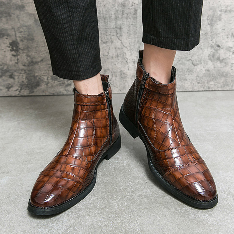 Leather Crocodile Pattern Fashion Pointed Toe Zipper Ankle Boots
