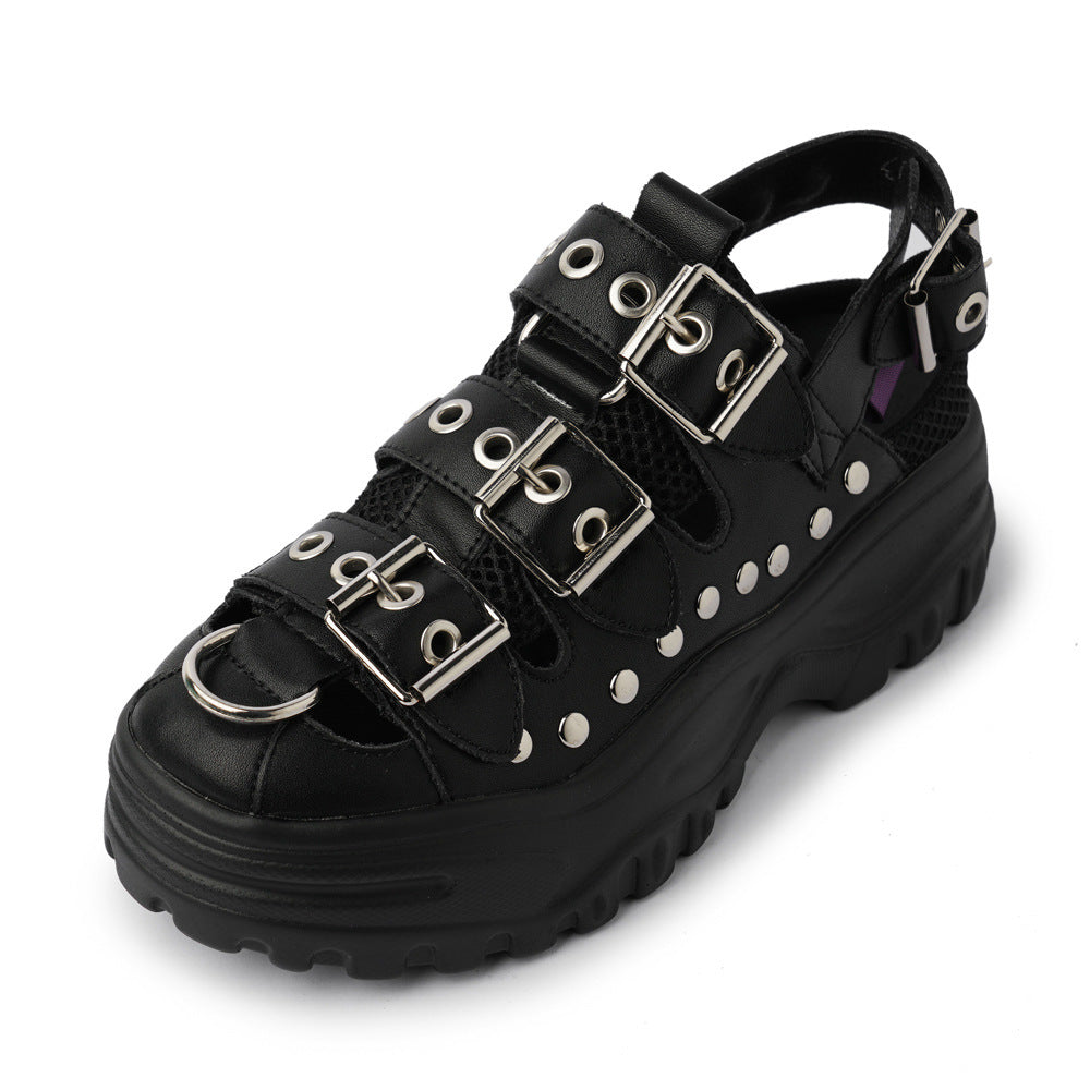 Thick Bottom Muffin Heel Back Trip Belt Leather Casual Shoes Rivet Waterproof Platform Thick Bottom Sandals Student
