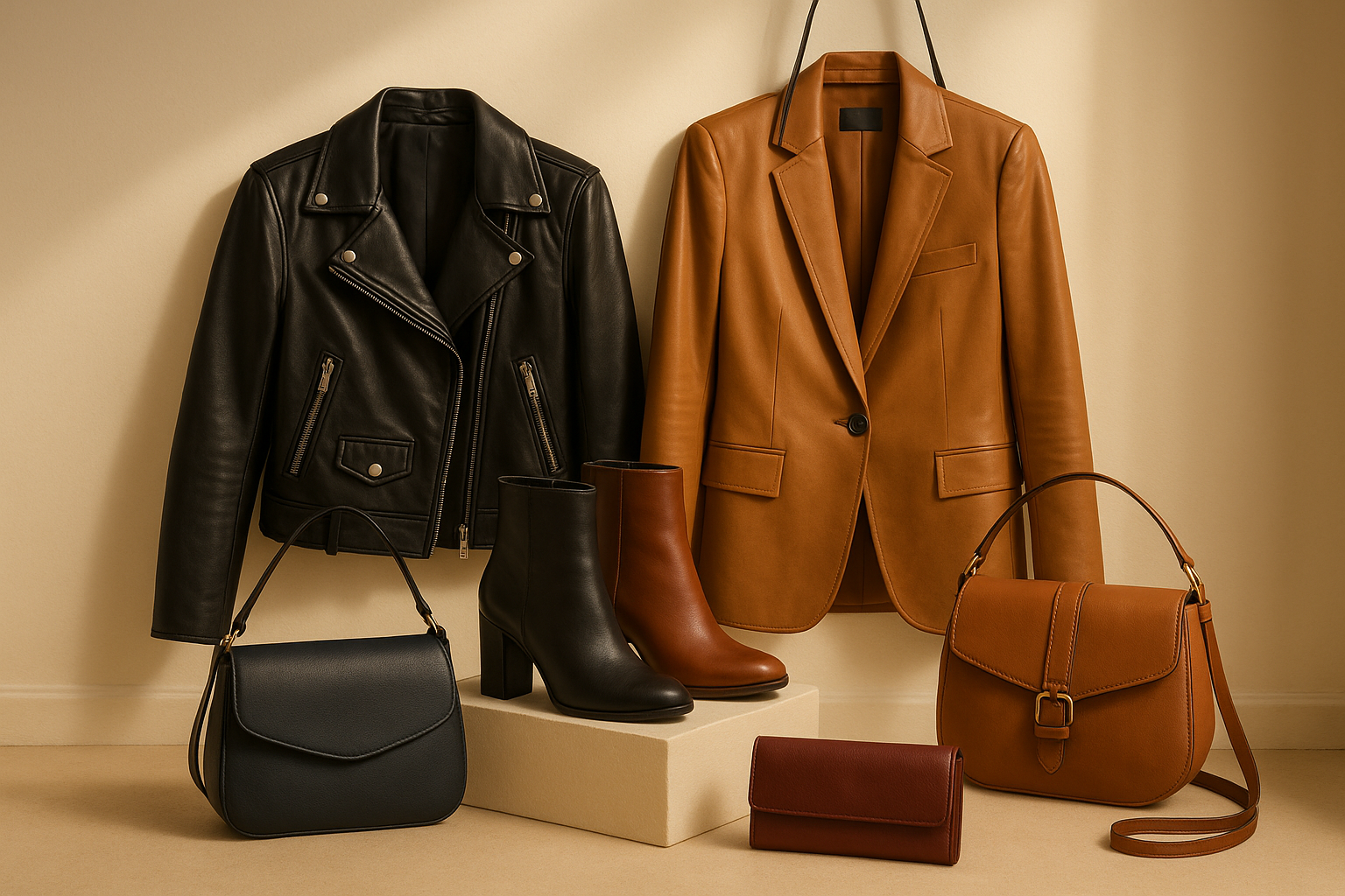 Leather ladies jackets purse shoe and bag