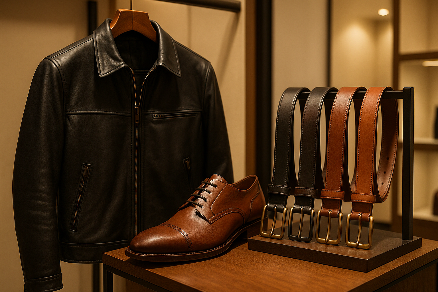 Leather store products jackets belts shoes