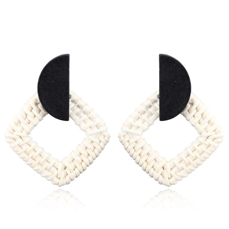 Handmade Bamboo Wood Rattan Straw Woven Geometric Hollow Earrings