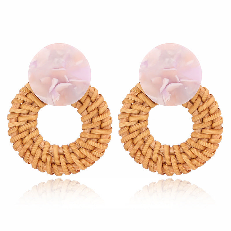 Handmade Bamboo Wood Rattan Straw Woven Geometric Hollow Earrings