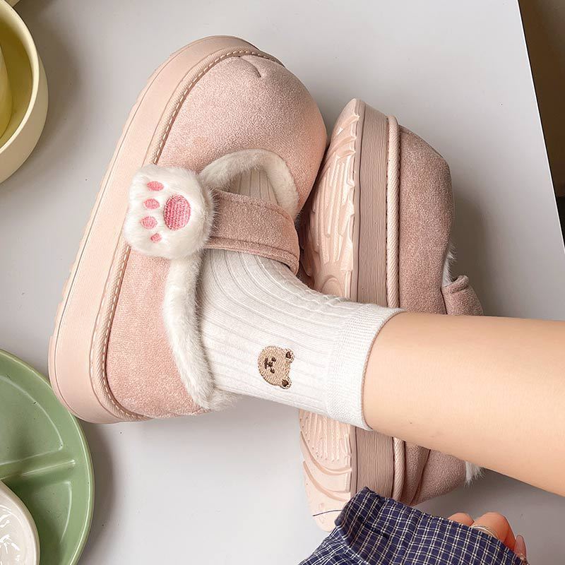 Women's Cotton-padded Shoes Cute Cartoon Cat's Paw Velcro Plush Shoes