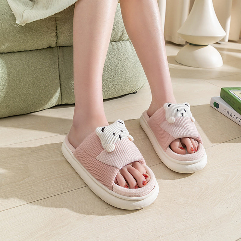 Cute Cartoon Bear Spring Fashion Slippers Thick-Soled Mute Linen Slipper