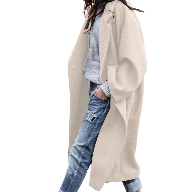 Casual Long Solid Single Breasted Lapel Woolen Jacket with Pockets