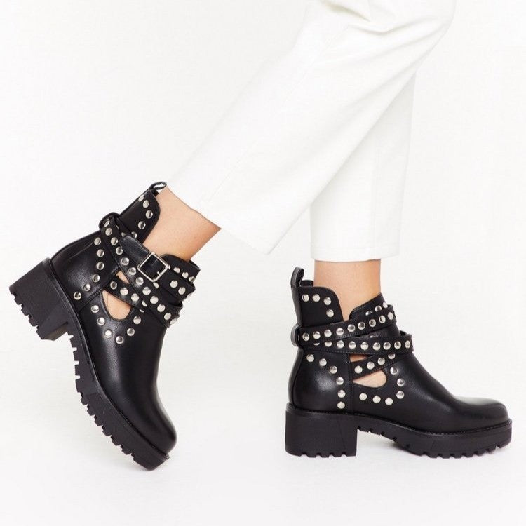 Women's Ankle Boots With Rivet Metal Decorative Strip Straps