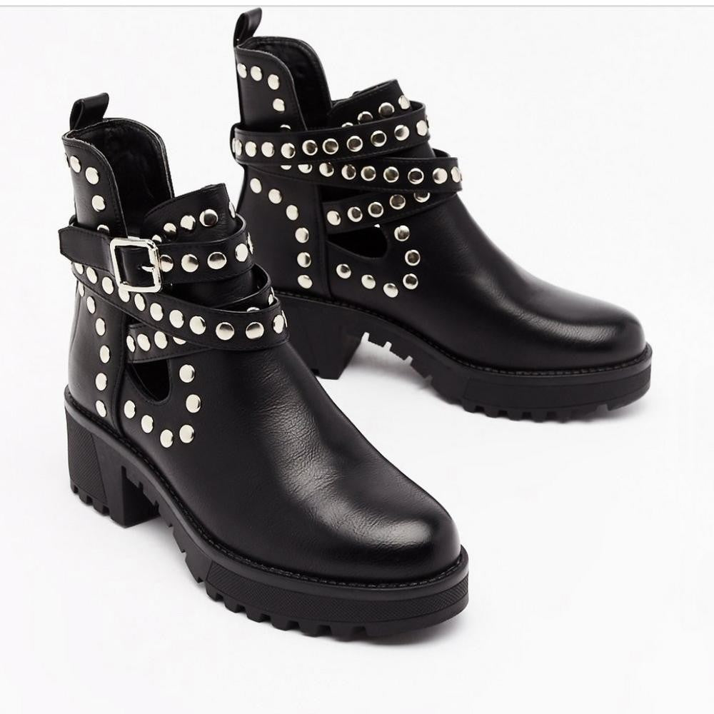 Women's Ankle Boots With Rivet Metal Decorative Strip Straps