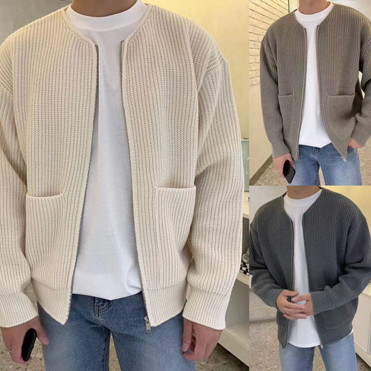 Men Zip Up Knitted Cardigan Lined Funnel Neck Jumper Sweater