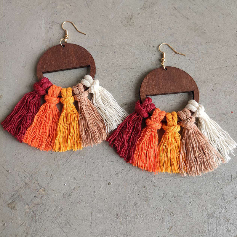 Handmade Wooden Bohemian Woven Tassel Earrings Fashion